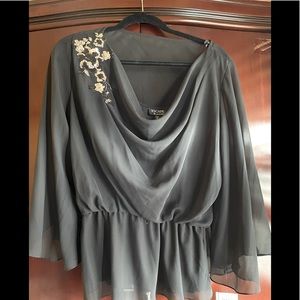 BLACK CHIFFON BLOUSE WITH TANK UNDER COVERAGE SHEER ANGEL SLEEVES BEADED DESIGN